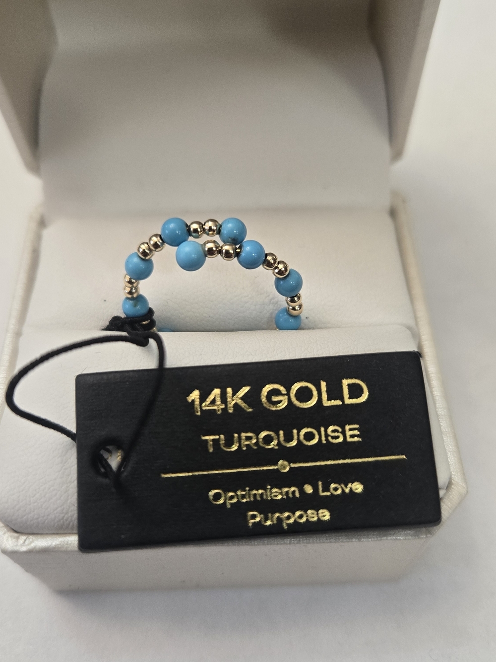 14kt Solid Yellow Gold Beaded Genuine Turquoise Bypass Ring.